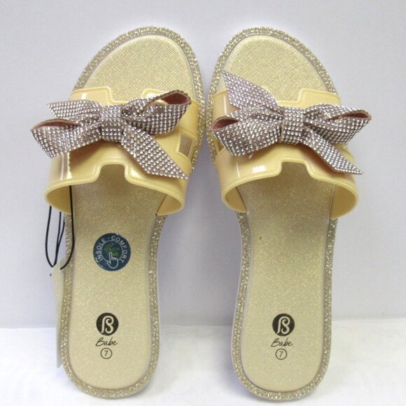 Gold Embellished Bow Design Dressy Summer Sandals Slides Various Sizes NWT - Picture 1 of 6